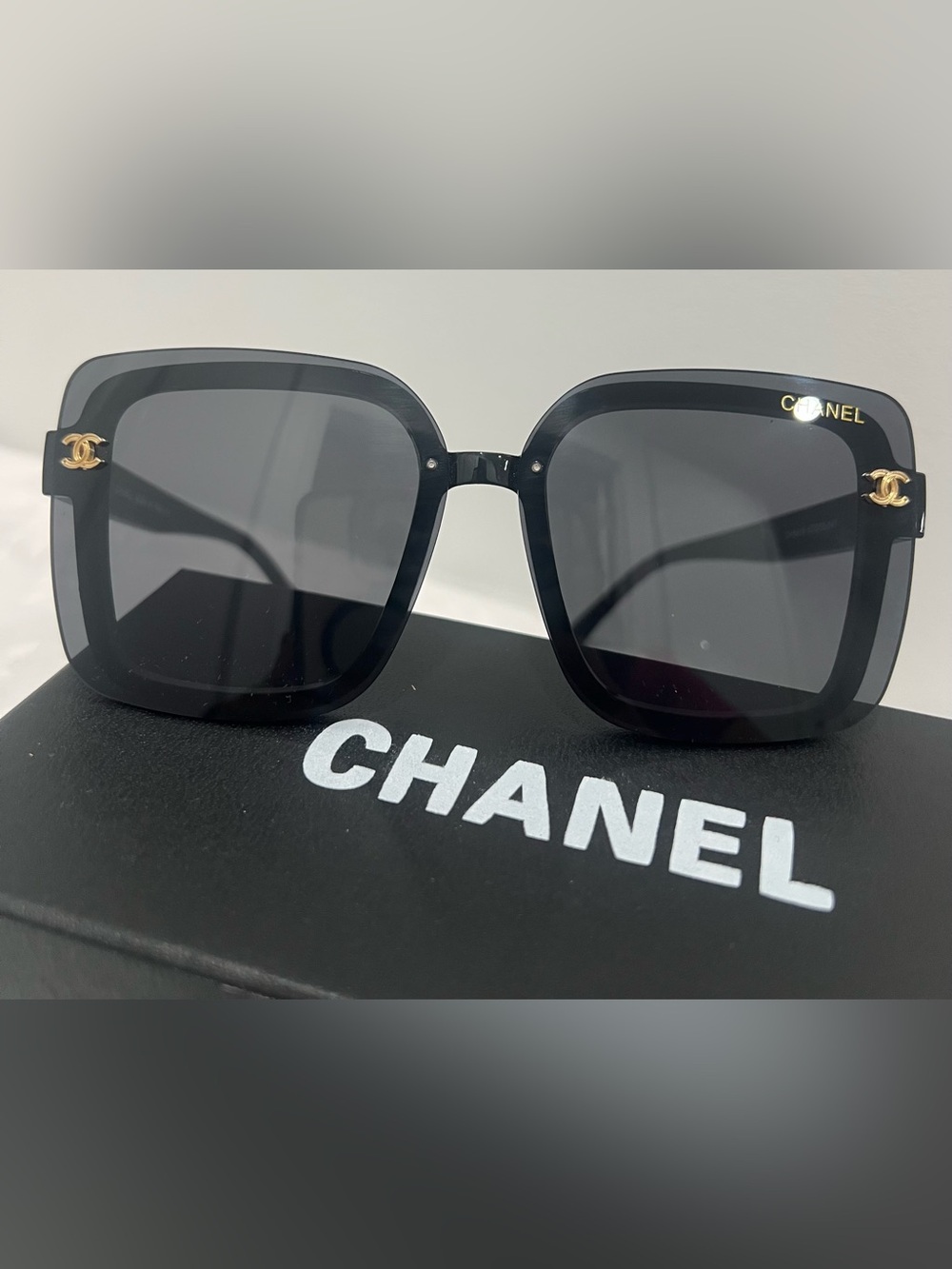 CHANEL Black Square Sunglasses with Gold CC Details